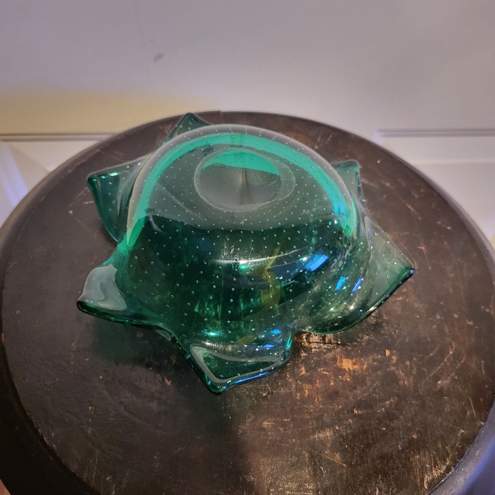 VINTAGE 50's CARL ERICKSON STUDIO GLASS GREEN CONTROLLED BUBBLE ASHTRAY 7" - Picture 5 of 8